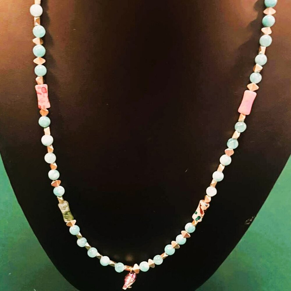 NWT Handmade Aquamarine Necklace with Ceramic Bird Pendant